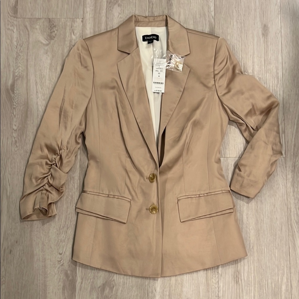 Bebe Tan Blazer with Notched Lapels and Ruched Sleeves